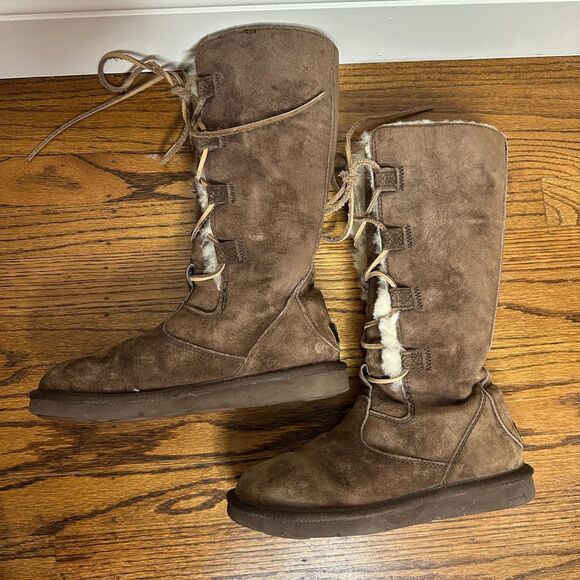 UGG Whitley Tall Brown Suede Boots Lace Up Sheepskin Wool Lining Size 7 Clean - Picture 2 of 9